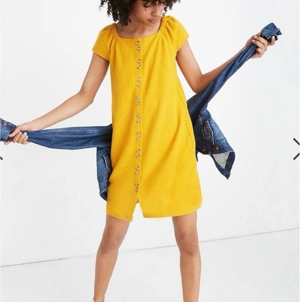Madewell Texture & Thread Cap Sleeve‎ Shift Dress Button Down Fall Yellow M